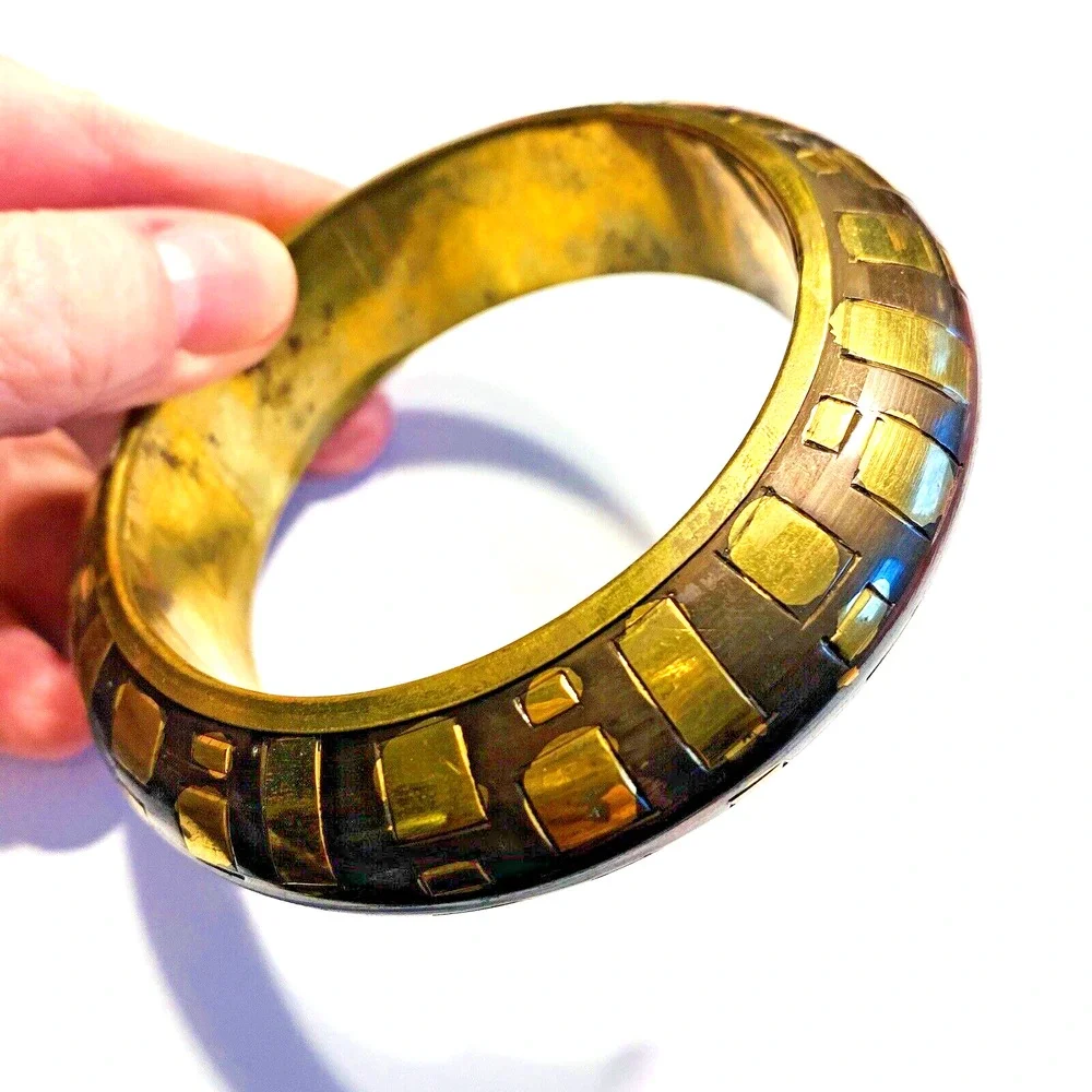 Vintage Brass Bangle Bracelet 1980's Goldtone & Oxidized Metal Inlay Unique Boho